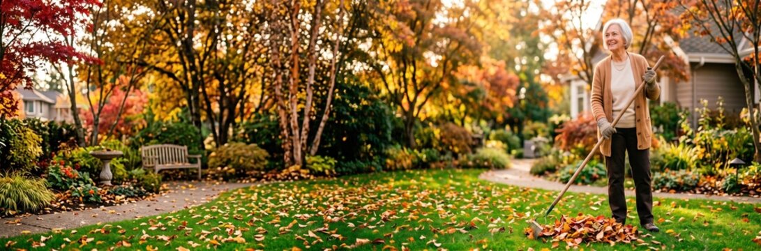 Senior man raking fallen leaves on a green lawn in an autumn garden with colorful trees, shrubs, and a wooden bench near a curved path by a house