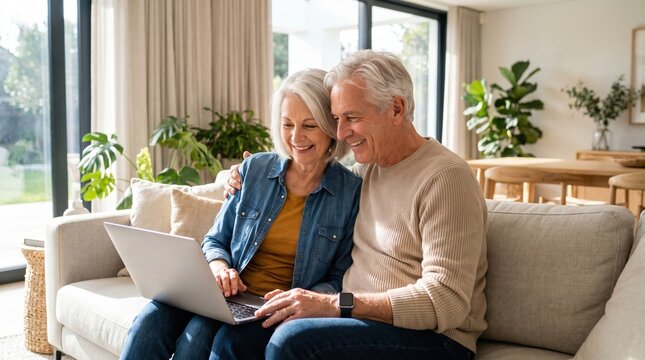 Smiling senior couple sitting on sofa with arms around each other, using a laptop at home; bright window light, indoor plants, casual clothes, smartwatch