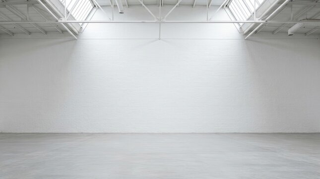 Large Empty Industrial Warehouse with White Brick Walls and Concrete Floor