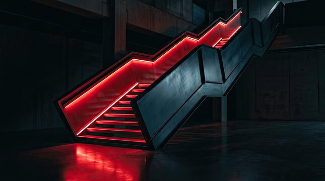 Modern industrial staircase with red neon LED strip lighting in dark interior