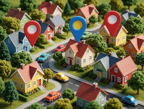 Stylized overhead view shows neighborhood houses with map pin markers indicating locations. Cars drive on winding roads through green trees, manicured lawns. Illustration represents real estate,