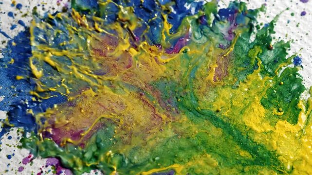 Vibrant yellow paint splashes over blue and purple watercolor texture