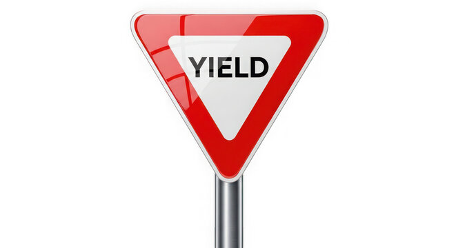 Yield traffic sign featuring a red triangular border and white center mounted on a silver post.