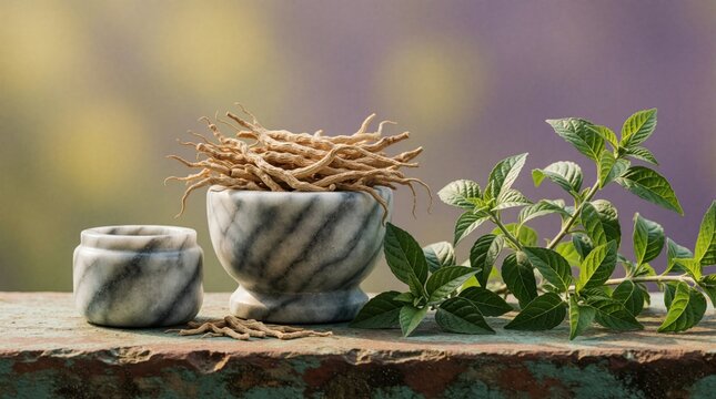 Ashwagandha roots in marble mortar, pestle on stone surface. Dried Withania somnifera herb with green plant leaves for ayurvedic medicine. Natural herbal supplement for stress relief, wellness,