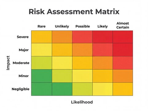 Risk assessment matrix grid with likelihood and impact colour gradient