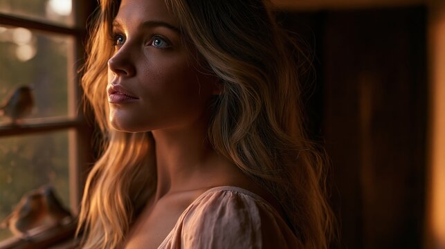 thoughtful blond woman by the window