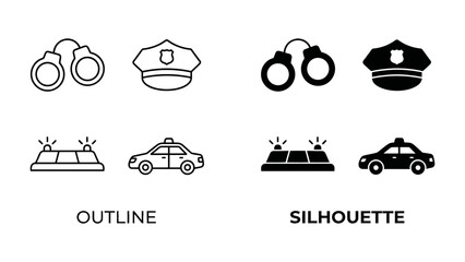 Police Icons: A collection of police-related icons, including handcuffs, police cap, police car, and beacon light, presented in both outline and silhouette styles. © Mf