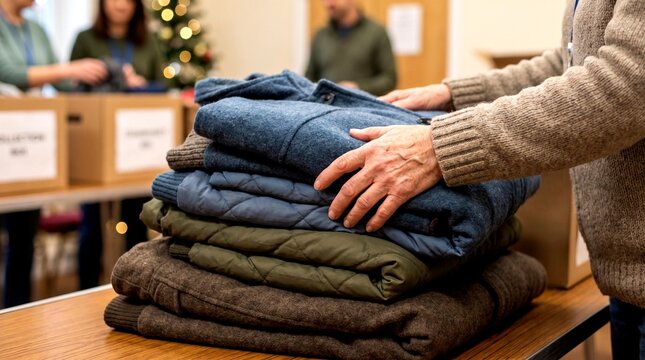 Close-up of volunteer hands folding donated winter coats into a neat stack for charity drive
