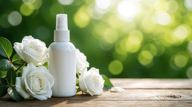 White cosmetic spray bottle with white roses rests on weathered wood surface. Soft green bokeh background with sunlit highlights creates natural, serene ambiance. Gentle floral scent for beauty