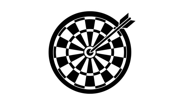 Black and white dartboard vector graphic showing a single arrow hitting the exact center bullseye target mark