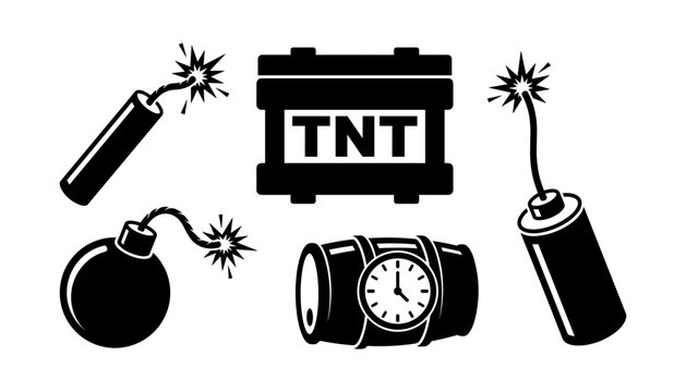 Set of flat black explosive icons including tnt crate round cannonball bombs burning dynamite sticks and time barrel device