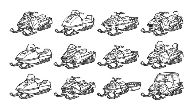 Vector collection of various snowmobile models showcasing modern touring utility mountain sport and enclosed cabin winter transport designs