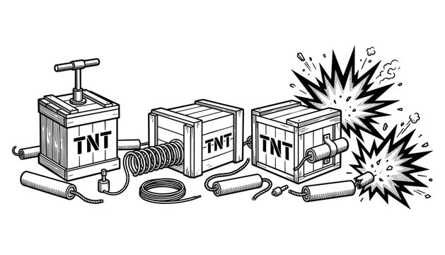 Vintage engraving vector design showing wooden tnt crates detonate detonator plunger dynamic dynamite sticks and explosive blast clouds