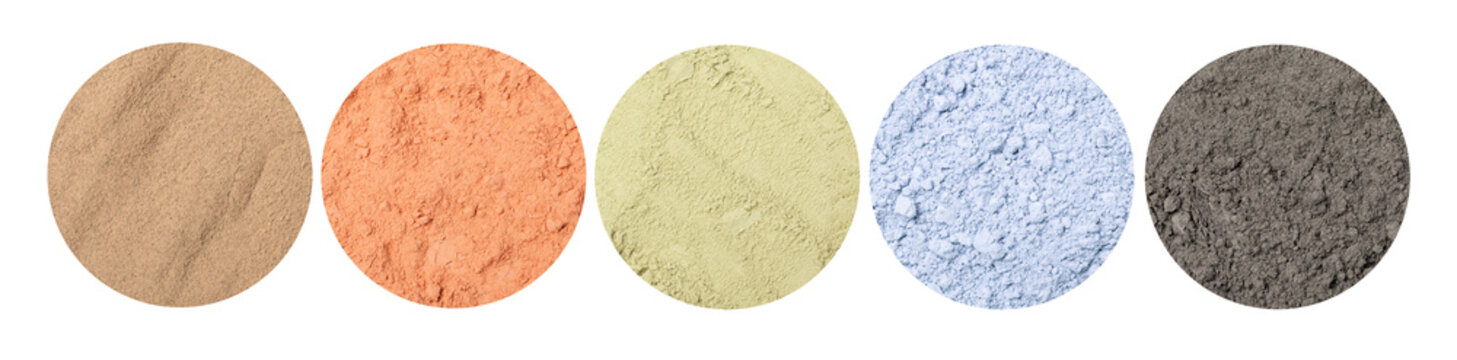 Natural dry clay face mask powder isolated on white background. cosmetic mineral clay for skincare. Spa beauty treatment, organic facial mask ingredient, cleansing and detox cosmetic product.