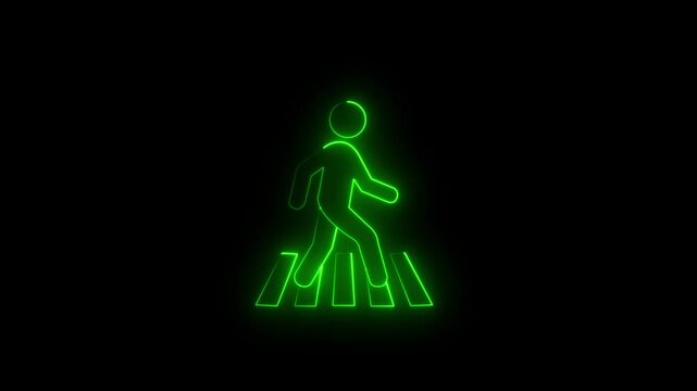 glowing neon zebra crosswalk icon isolated on black background. Person walking cross the road. Human safety sidewalk pictogram, road safety street crossing concept. 4k video on black background.