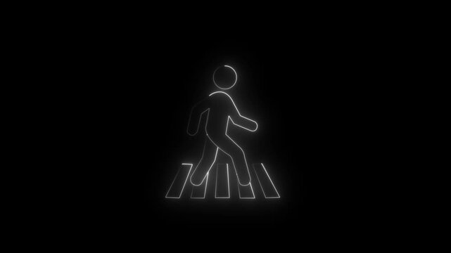 glowing neon zebra crosswalk icon isolated on black background. Person walking cross the road. Human safety sidewalk pictogram, road safety street crossing concept. 4k video on black background.