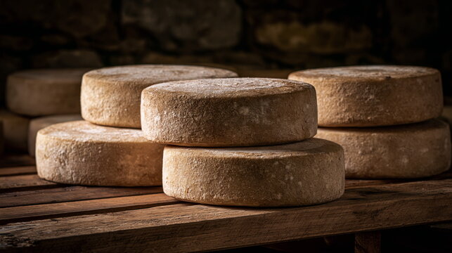 Artisanal Whole Wheel of Aged Gouda Cheese Displayed on Rustic Wooden Table, Invoking Rich Flavors and Gourmet Appeal