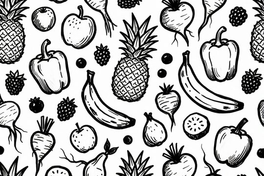 Pen drawing seamless pattern of assorted fresh fruits and vegetables. Includes pineapple, banana, apple, beet, pepper, berries, pear, and kiwi slice.