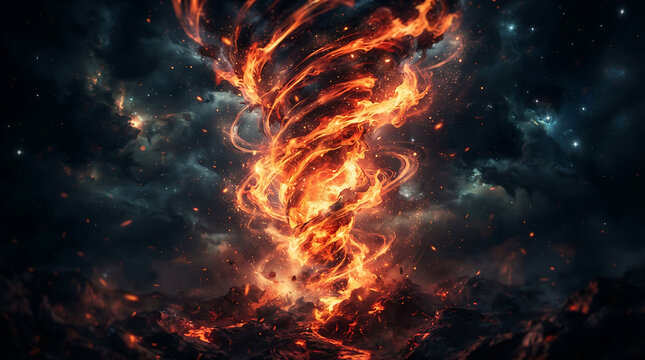 A massive swirling tornado of fire and bright glowing sparks spinning in the dark night sky with intense heat and energy creating a powerful natural disaster scene with vivid orange light