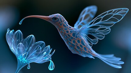 Naklejka premium 28. A beautiful shot of a synthetic hummingbird. Its wings are made of delicate translucent glass-like organic membranes, feeding on a glowing flower that leaks neon blue nectar. Ultra-high 