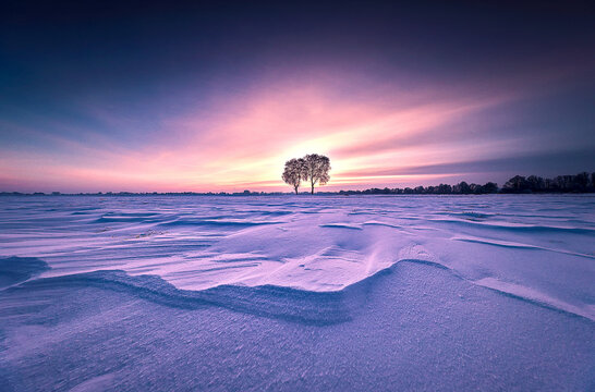 Two Solitary Trees on Snow Covered Winter Field at Pink Sunset