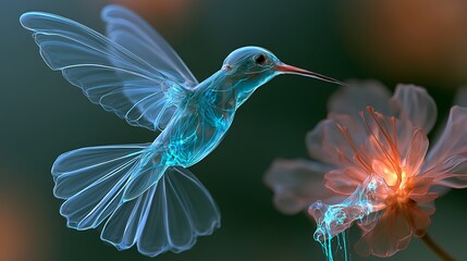 Naklejka premium 28. A beautiful shot of a synthetic hummingbird. Its wings are made of delicate translucent glass-like organic membranes, feeding on a glowing flower that leaks neon blue nectar. Ultra-high 