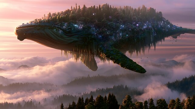 29. A dramatic shot of a colossal bio-engineered sky-whale. It floats peacefully above a misty mountain range, its massive body covered in glowing bioluminescent forests of moss and hanging 