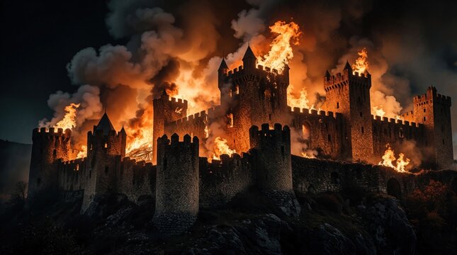 Medieval stone castle burns intensely at night. Massive orange flames, thick black smoke engulf ancient fortress towers, walls. Destruction ruins historic building during huge fire disaster. Burning