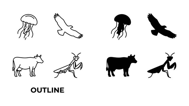 Animal Silhouettes and Outlines: A graphic illustration showcasing a collection of animal icons, featuring both line drawings and solid silhouettes of a jellyfish, eagle, cow, and praying mantis.