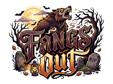 Fangs out halloween design featuring a howling werewolf under a full moon with scary trees gravestones and bats werewolf halloween graveyard tombstone silhouette