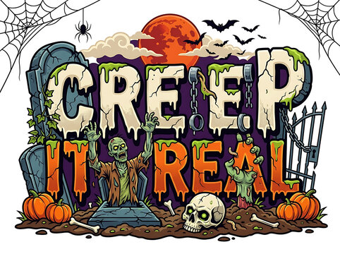Creep it real zombie themed halloween design with rising undead creature tombstones red moon carved pumpkins halloween tombstone graveyard illustration celebration