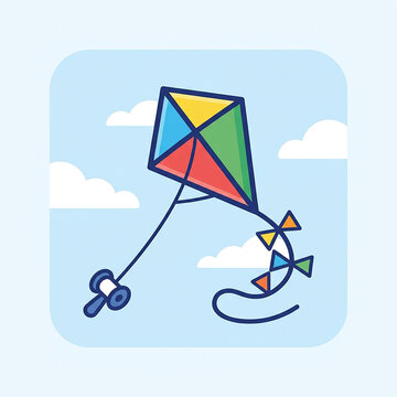 Colorful diamond kite flying high in clear blue sky with fluffy clouds vector illustration