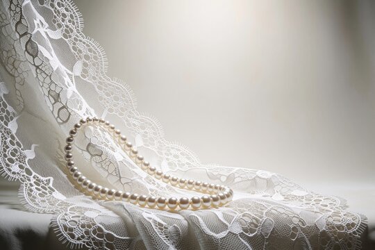 Elegant white lace fabric with luxury pearl necklace. Delicate wedding textile background with jewelry. Bridal accessories for romantic ceremony fashion design. Soft ivory material with pearls