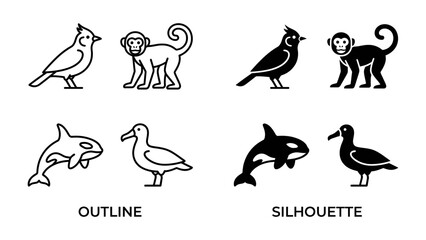 Fototapeta premium Animal Icons: A collection of stylized icons depicting various animals, including birds, monkeys, orcas, and ducks, presented in both outline and silhouette forms.