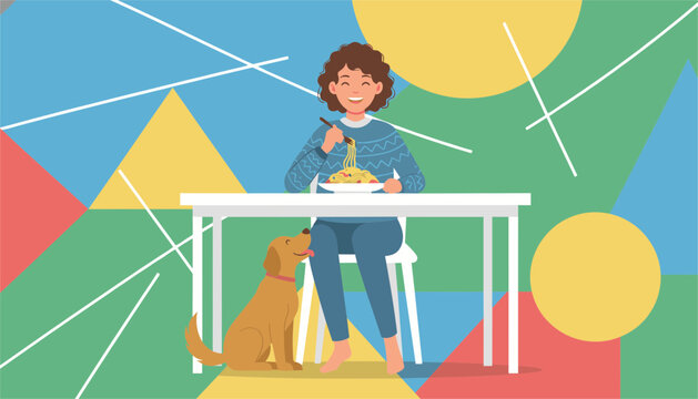 Happy girl eating spaghetti at a dining table with her loyal dog waiting underneath against a colorful geometric background.