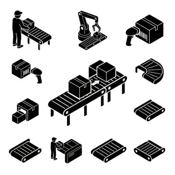 Isometric warehouse automation icons for logistics and shipping