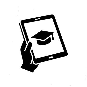 Hand holding digital tablet with graduation cap icon for e-learning