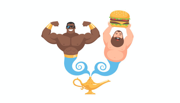 Two magical genies emerging from a golden lamp with one being muscular and the other holding a large delicious burger.