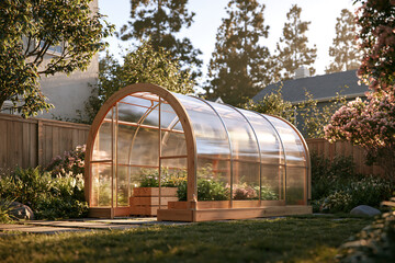 Naklejka premium Arched wooden greenhouse with transparent panels in a sunny backyard garden setting