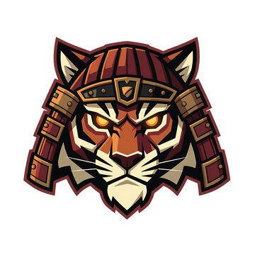 Fierce tiger head mascot wearing traditional samurai armor with glowing eyes, depicted in a bold graphic style.