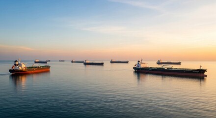 Fototapeta premium A fleet of large oil tankers anchored at sea during a serene sunset, representing global maritime transport and industry.