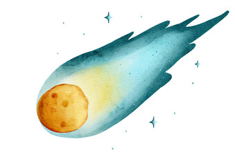 Watercolor comet flying in space with little stars illustration © Anna
