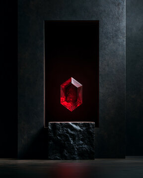 Hexagonal red gemstone floating above a rough stone pedestal in a dark rectangular wall niche