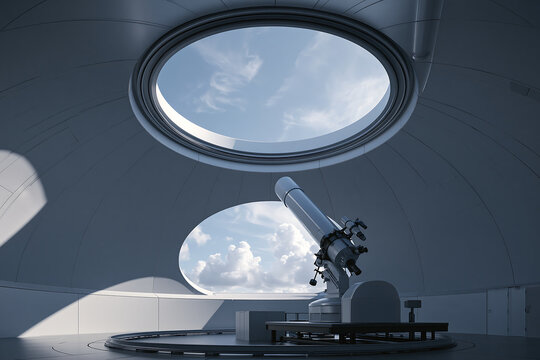 Large astronomical telescope inside a modern observatory dome looking up at the blue sky