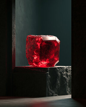 Large red crystal gemstone placed on a dark stone pedestal within a deep rectangular wall niche