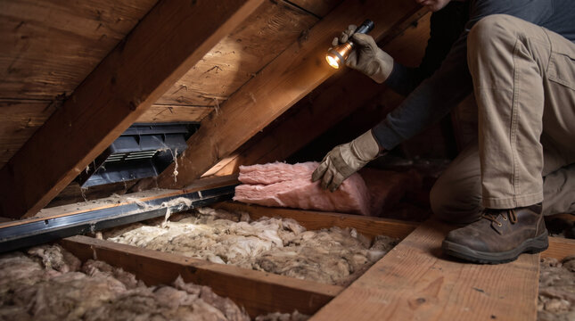 Inspector examining fiberglass insulation and roof ventilation chute with flashlight inside dark residential attic space during home energy audit inspection