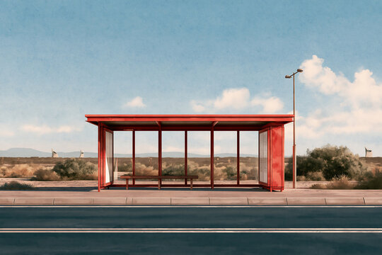 Red bus stop shelter on a desert roadside with clear blue sky and distant mountain landscape