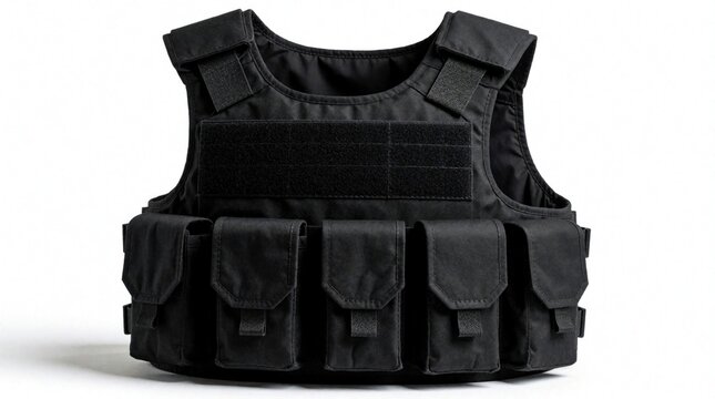 Black tactical bulletproof vest with multiple utility pouches isolated on white background. Military body armor gear for law enforcement security police protection. Heavy duty protective equipment