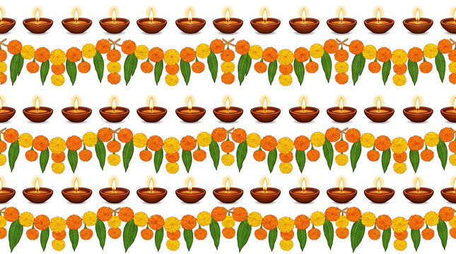 Seamless pattern of traditional indian oil lamps and colorful marigold flowers