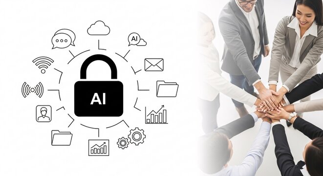 Business team joining hands together in a collaborative gesture symbolizing teamwork and unity with AI security icons representing technology and data protection in the background